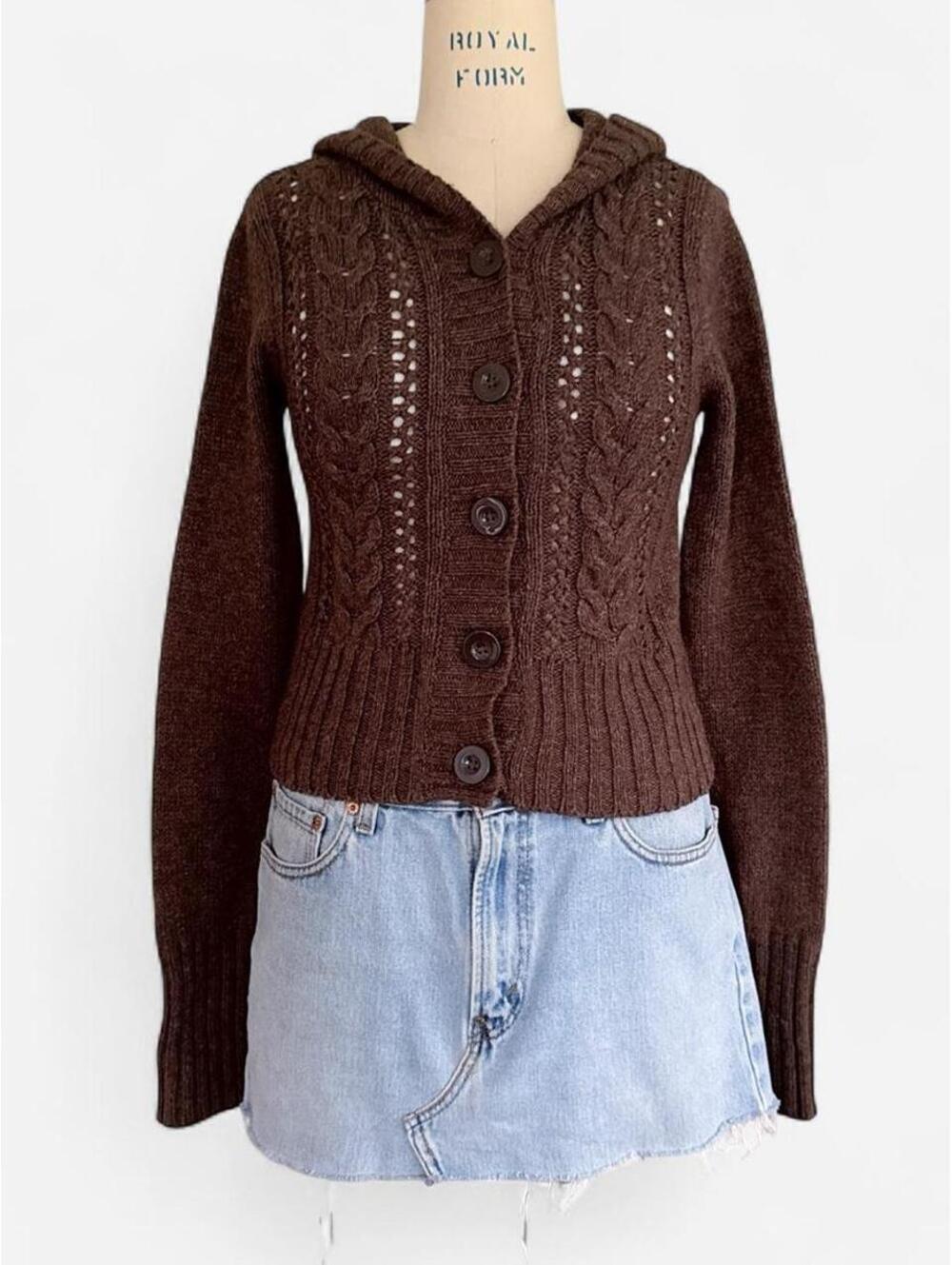 Mudd Y2K Hooded Cable Knit Cardigan in Brown